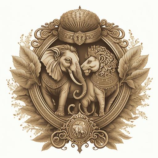 south india indian wedding crest, lion and elephant facing each other, illustration, sepia, white background