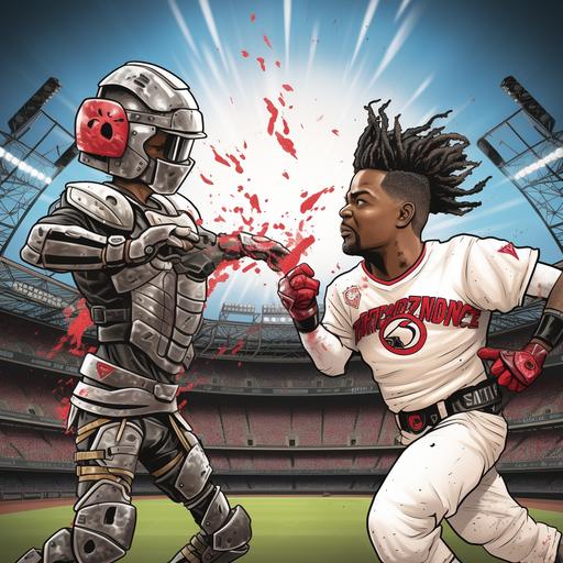 jose ramirez of the cleveland guardians punching with an overhand right punching tim anderson in the face and his head goes up like rockem sockem robots