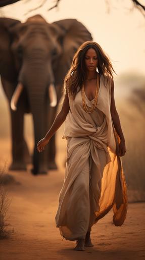 journal photography of female kenia 25-year old walking next to royal elephant 🐘 --c 30 --ar 9:16