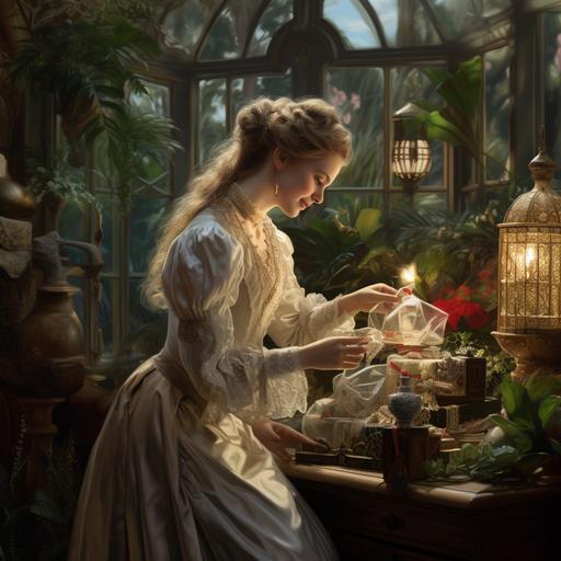 joyful Victorian era lady receiving a gift in a lush Victorian conservatory gently lit by small neon Victorian lamps, highly detailed