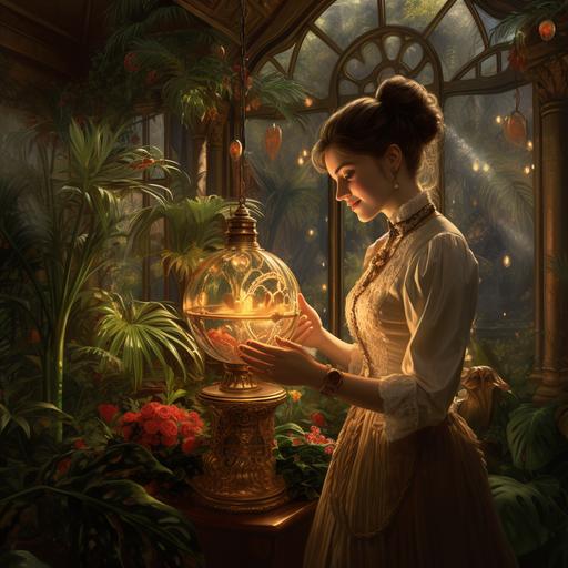 joyful Victorian era lady receiving a gift in a lush Victorian conservatory gently lit by small neon Victorian lamps, highly detailed