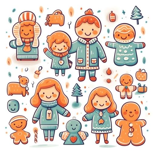 joyful gingerbread friends and family on festive holidays x mas and new year 2024, stickers, crayon color style, 8k