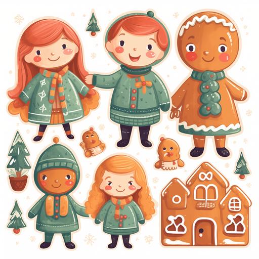 joyful gingerbread friends and family on festive holidays x mas and new year 2024, stickers, crayon color style, 8k