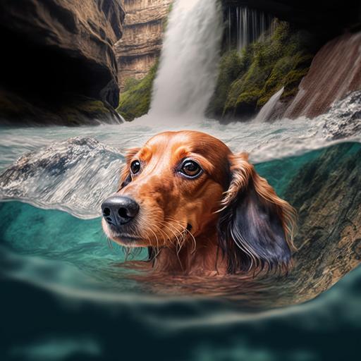 dachshund swimming in the waterfall