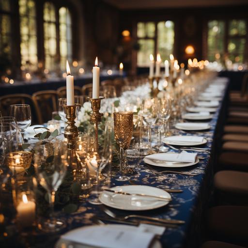10 seater rectangular table with navy table cloth, white floral centre pieces in brass vases, romantic candle light, toile under plates and crystal glasses. --s 750