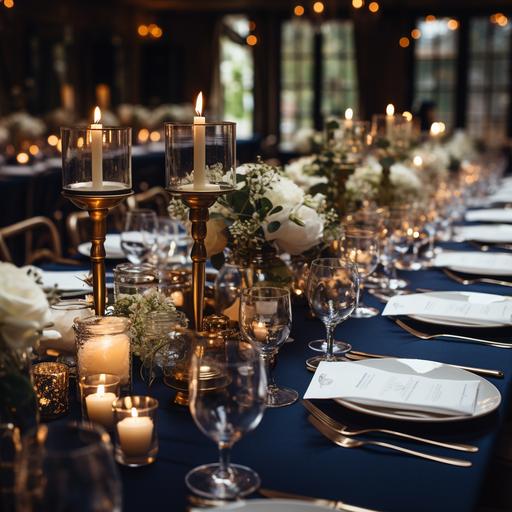 10 seater rectangular table with navy table cloth, white floral centre pieces in brass vases, romantic candle light, gold underplates and crystal glasses.