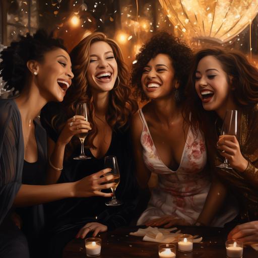 A diverse group of girlfriends dressed and ready for a night out, cheersing champagne and laughing. photo realistic
