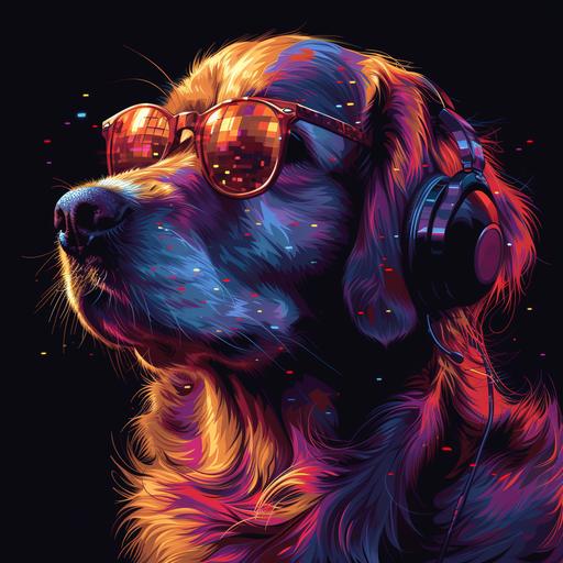 Construct a vector 2D depiction of a Golden Retriever's face in high-contrast black and white, with large, colorful, pixel-patterned sunglasses and headphones, to channel a modern, tech-savvy flair, on a black background, --v 6.0 --ar 1:1 --s 750