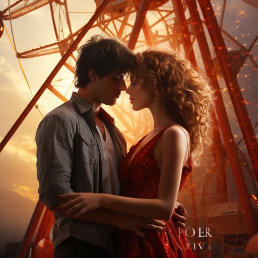 romantic comedy inspired movie poster of a musical love story. Two people. Ferris wheel. Summer. Carnival. Inspired by Roxette Joyride album cover. Hyper realistic photo --s 750
