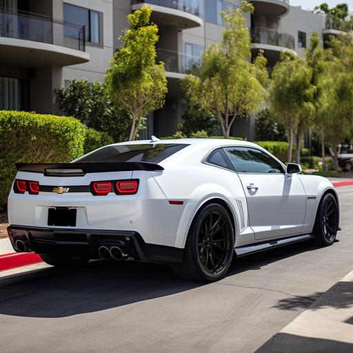 A realistic picture as if it were taken from a high quality camera, of a Summit white 2013 Camaro LT with a GT style Carbon fiber black wing on the back, tinted black taillights, a black Chevy Emblem, and glossy black rims, taken from the angle of the back left side of the car that is able to showcase the backside of the car and the left side of the car in high quality driving through the woods while incorporating the use of reflections