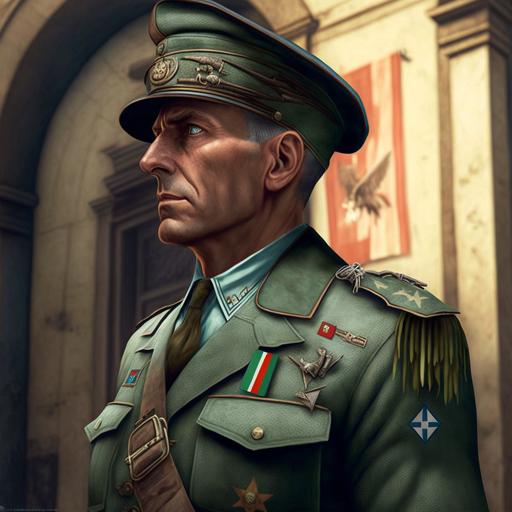 juan peron in his green argentine Lieutenant General military uniform in 1943 walked on the streets of Rome in Italy, Facist flags seen on the walls of the buildings, 8k resolution, Rendered in Octane, trending on Artstation, CGSociety, Pixiv, DeviantArt, By Daniel Gerhartz, by Francisco Goya, hyper detailed, photoreal, 8k ui,, realism, detailed, 35mm photography, Cinematic, Color Grading, portrait Photography, volumetric lighting, photorealism, photorealistic, intricate details, redshift render, 8k, studio lighting, strong light --v 4 --v 4