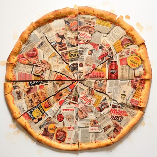 a collage of made from coupons and magazine clippings and cut-outs, in a circle, looks like pizza, yellow paper represents cheese, beige paper represents crust and red paper represents pepperoni. Collage style.