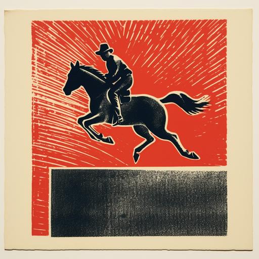 jumping horse with straight legs, ride by a cowboy with a big bunch of grapes , red ink, line engraving, intaglio by saul bass, italy in communism poster style, antique vintage matchbox labe