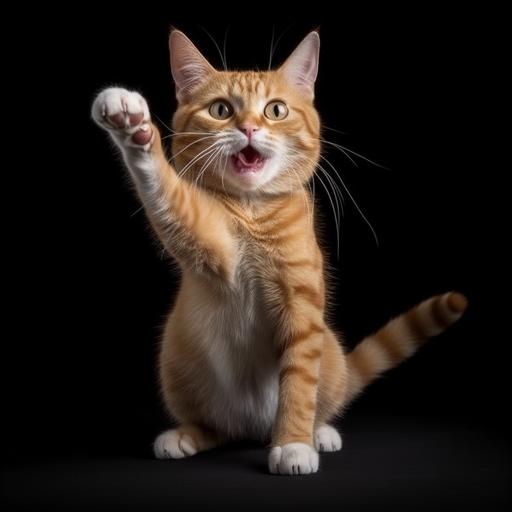 /jumping up on its hind legs with a half open mouth and wide eyes a young strong ginger cat with raised paws is froze in the pose of a question and ready to rush into the fight or play. Half-turn view.