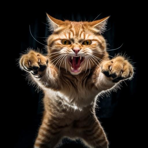 /jumping up on its hind legs with a half open mouth and wide eyes a young strong ginger cat with raised paws is froze in the pose of a question and ready to rush into the fight or play. Half-turn view.