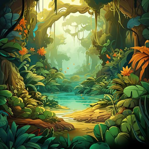 jungle background, fun theme, cartoon , digital artwork