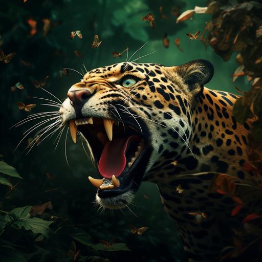 jungle jaguar showing teeth with birds