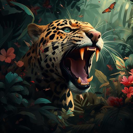 jungle jaguar showing teeth with birds