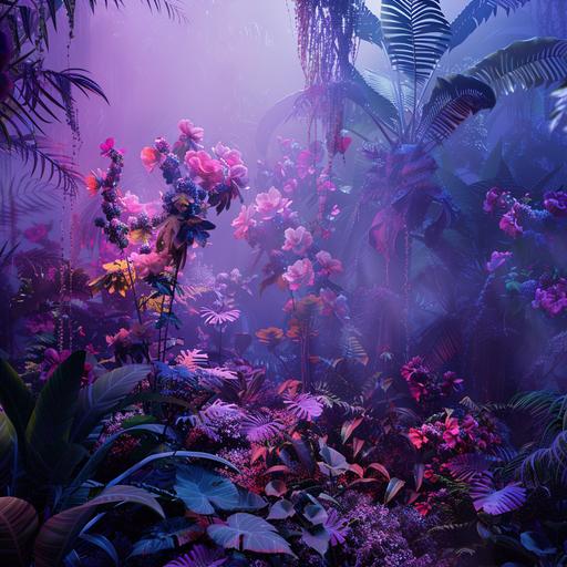 jungle with neon flowers, fog, night, cinematic, photo-realistic, vibrant