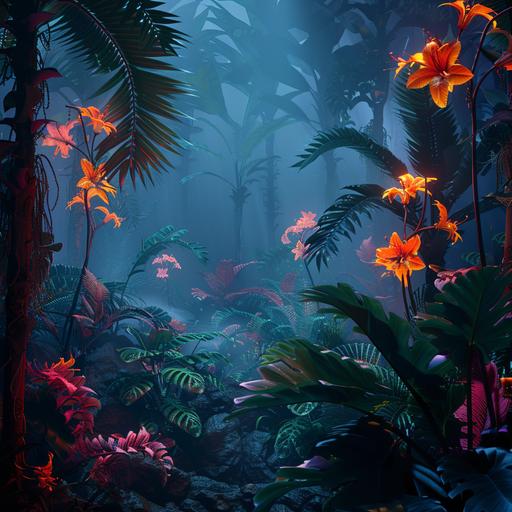 jungle with neon flowers, fog, night, cinematic, photo-realistic, vibrant