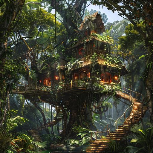 jungle/rainforest world, fantasy, tree/cabin civilization, high-detail, bright colors, digital art