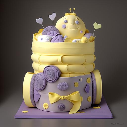 jurgen teller, baby shower, diaper cake, realistic, happy, yellow, violet, baby, soft, balenciaga