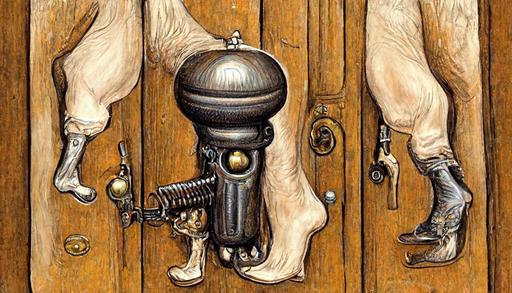 a doorknob with legs walks into a saloon through the swinging doors, old west style illustration art, very detailed --ar 16:9