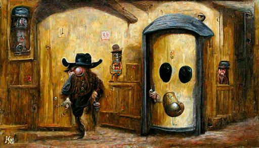 an anthropomorphic doorknob walks through saloon doors, old west style illustration art, oil on canvas painting --ar 16:9