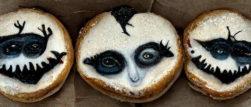 Tim Burton is eating sesame seed bagels with siamese twin angels at Tim Horton's, Nightmare Before Christmas style --w 600