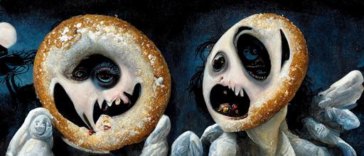 Tim Burton is eating sesame seed bagels with siamese twin angels at Tim Horton's, Nightmare Before Christmas style --w 600