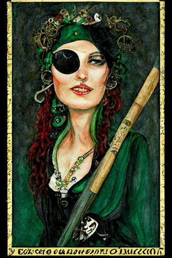 Pirate Queen of Batons, emerald adorned eyepatch, italian tarot card --h 384
