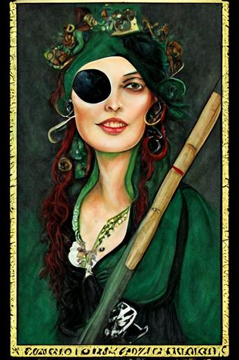 Pirate Queen of Batons, emerald adorned eyepatch, italian tarot card --h 384 --uplight