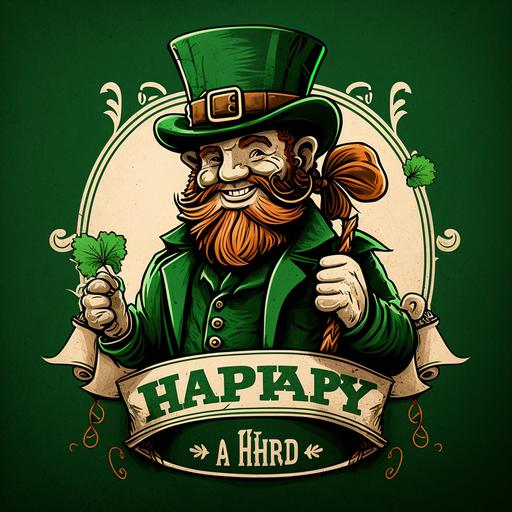 A Cartoon like leprechaun with a hapoy St-Patrick's Day Banner