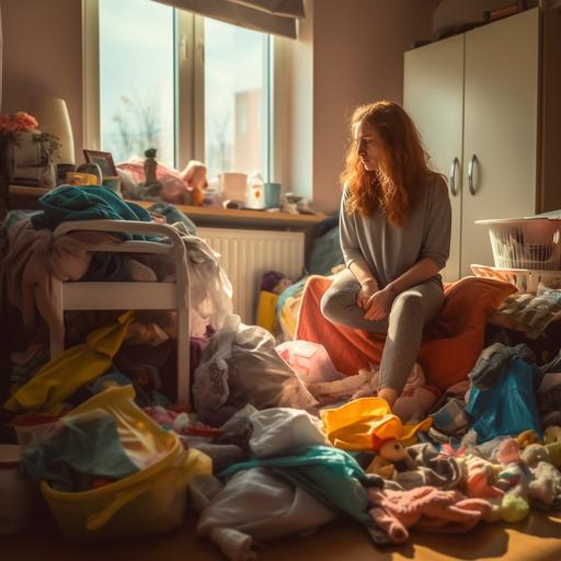 A mother staring at a pile of dirty laundry and baby items in her modern apartment, looking overwhelmed with the amount of work, professional picture, cozy image --v 5.1