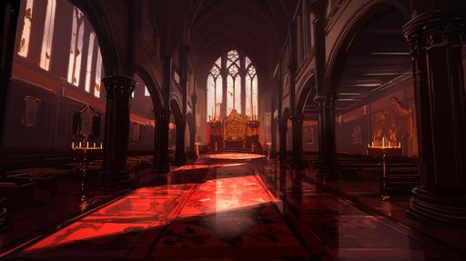 ancient hall with ruby walls: polished black marble flooring: with stained glass windows allowing in golden light: torches burning with black flames lining the walls: anime dnd fantasy style --ar 16:9 --v 5.0