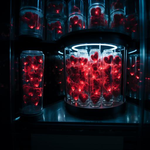 highly detailed scientific ilustartion of mini hearts in a cryopreservation tube ready to be shipped on dry ice , the hearts should mimic the real structure of the human heart--v 5.2 - --v 5.2