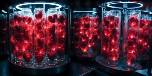 highly detailed scientific ilustartion of mini hearts in a cryopreservation tube ready to be shipped on dry ice , the hearts should mimic the real structure of the human heart--v 5.2 - --v 5.2