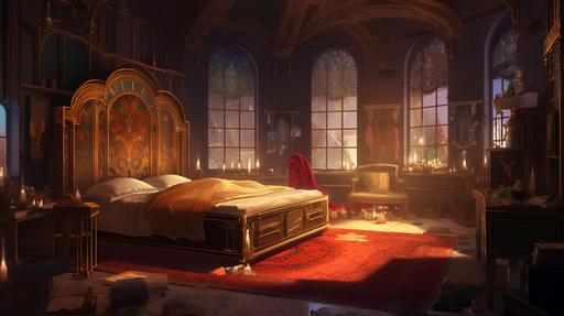 massive royal king's bedroom, dnd, fantasy, anime, stained glass windows, scarlet bedsheets, opulent gold, along with a ritual magic table and bundles of herbs scattered around --ar 16:9 --v 5.0