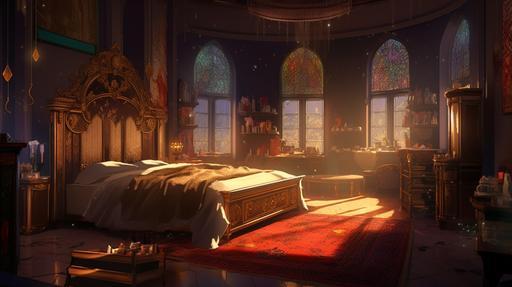 massive royal king's bedroom, dnd, fantasy, anime, stained glass windows, scarlet bedsheets, opulent gold, along with a ritual magic table and bundles of herbs scattered around --ar 16:9 --v 5.0