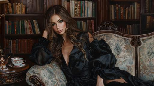 oil painting, in the style of Monet, beautiful & slender brunette model with enchanting green eyes and long hair, dressed in a loose-fitting black robe, sitting on a chaise lounge in a victorian-style library with a teaset on the side table next to her. --ar 16:9 --v 6.0