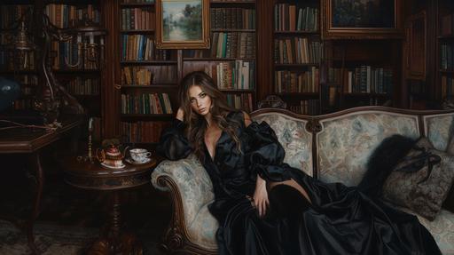 oil painting, in the style of Monet, beautiful & slender brunette model with enchanting green eyes and long hair, dressed in a loose-fitting black robe, sitting on a chaise lounge in a victorian-style library with a teaset on the side table next to her. --ar 16:9 --v 6.0