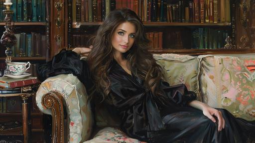 oil painting, in the style of Monet, beautiful & slender brunette model with enchanting green eyes and long hair, dressed in a loose-fitting black robe, sitting on a chaise lounge in a victorian-style library with a teaset on the side table next to her. --ar 16:9 --v 6.0