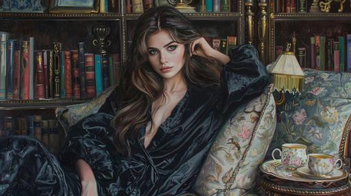 oil painting, in the style of Monet, beautiful & slender brunette model with enchanting green eyes and long hair, dressed in a loose-fitting black robe, sitting on a chaise lounge in a victorian-style library with a teaset on the side table next to her. --ar 16:9 --v 6.0