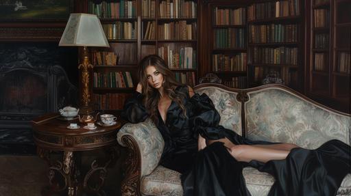 oil painting, in the style of Monet, beautiful & slender brunette model with enchanting green eyes and long hair, dressed in a loose-fitting black robe, sitting on a chaise lounge in a victorian-style library with a teaset on the side table next to her. --ar 16:9 --v 6.0