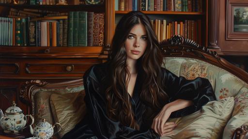 oil painting, in the style of Monet, beautiful & slender brunette model with enchanting green eyes and long hair, dressed in a loose-fitting black robe, sitting on a chaise lounge in a victorian-style library with a teaset on the side table next to her. --ar 16:9 --v 6.0