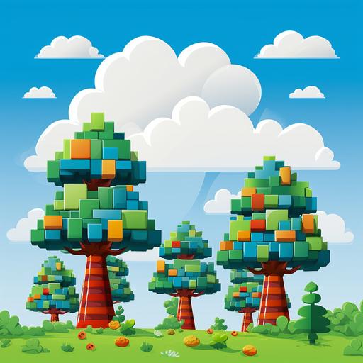 LEGO Kids, lego trees in the background, lego houses and trees, blue sky and white clouds illustration, cartoon style, vector graphics - 3:2