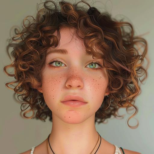 a 15 year old girl from Colorado with curly brown hair, brown-green eyes and lots of ear piercings with a dutch nose standard Pixar style multiple poses