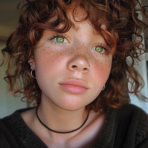 a 15 year old girl from Colorado with curly brown hair, green eyes and lots of ear piercings