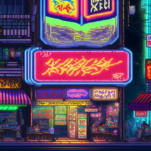kabukicho hot dog stand, nighttime, neon signs abundant, pixel art --v 4