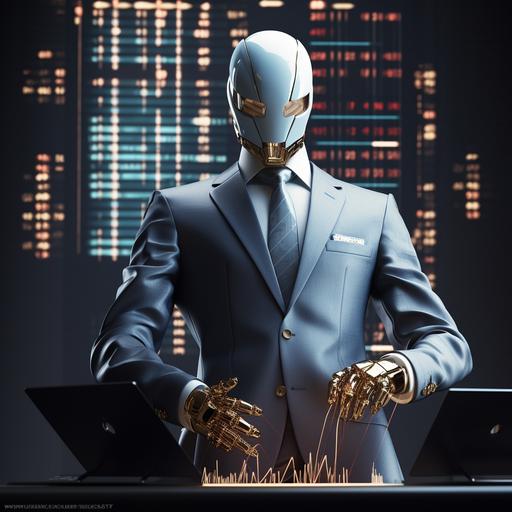 AI Robot wearing suit and with 3 monitor displat chart forex . design 3D. 4k. ratio 1:1000